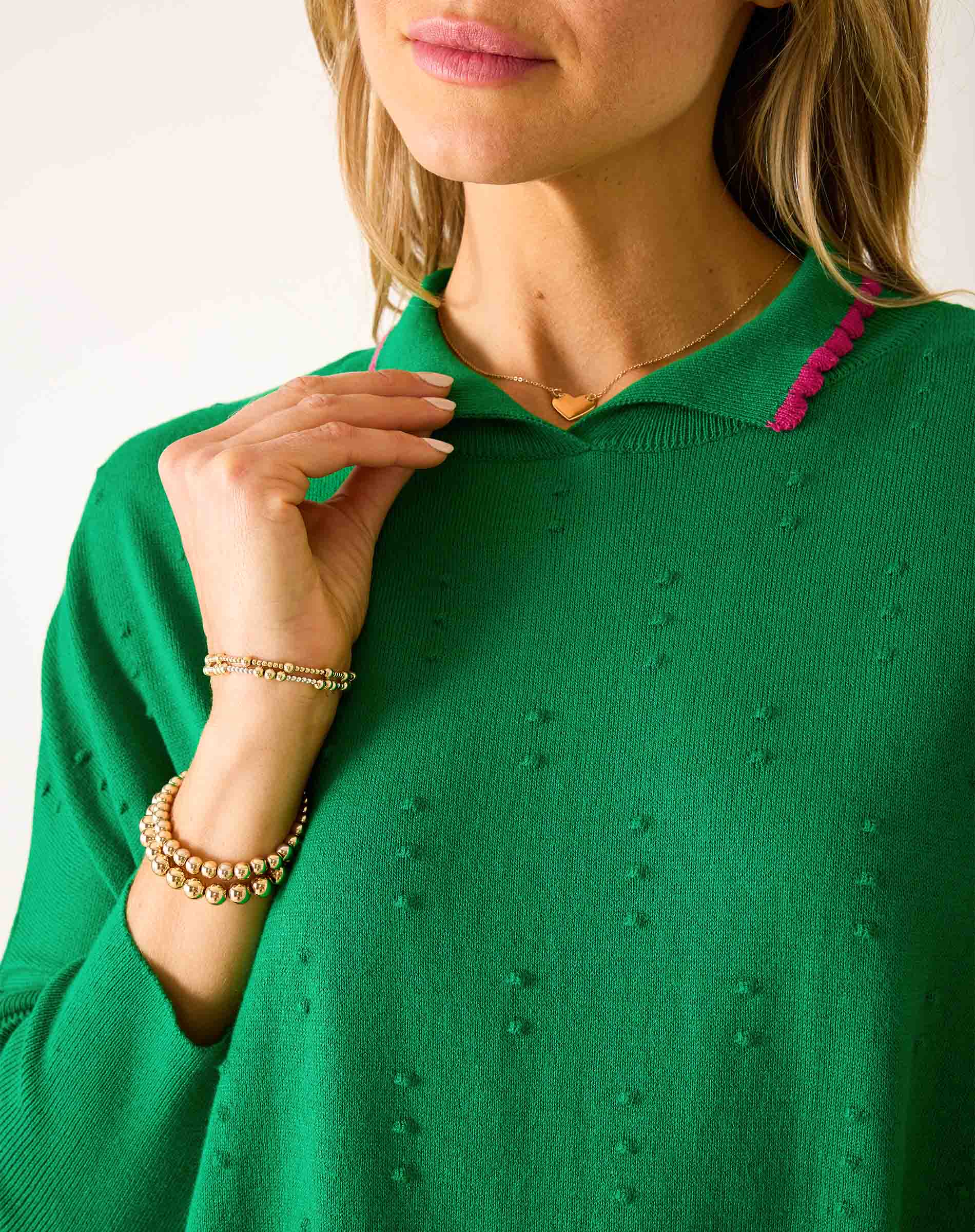Women's Cotton Green Polo Sweater with Pink Trim
