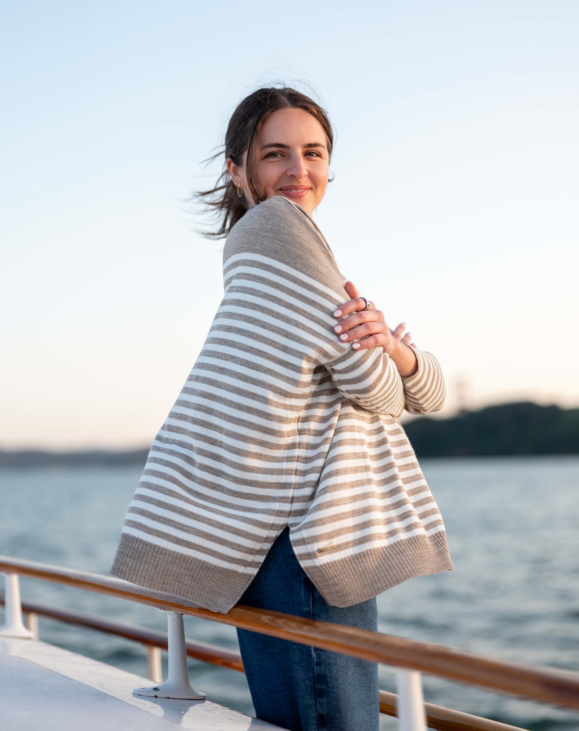 Women's Neutral Striped Mockneck Sweater