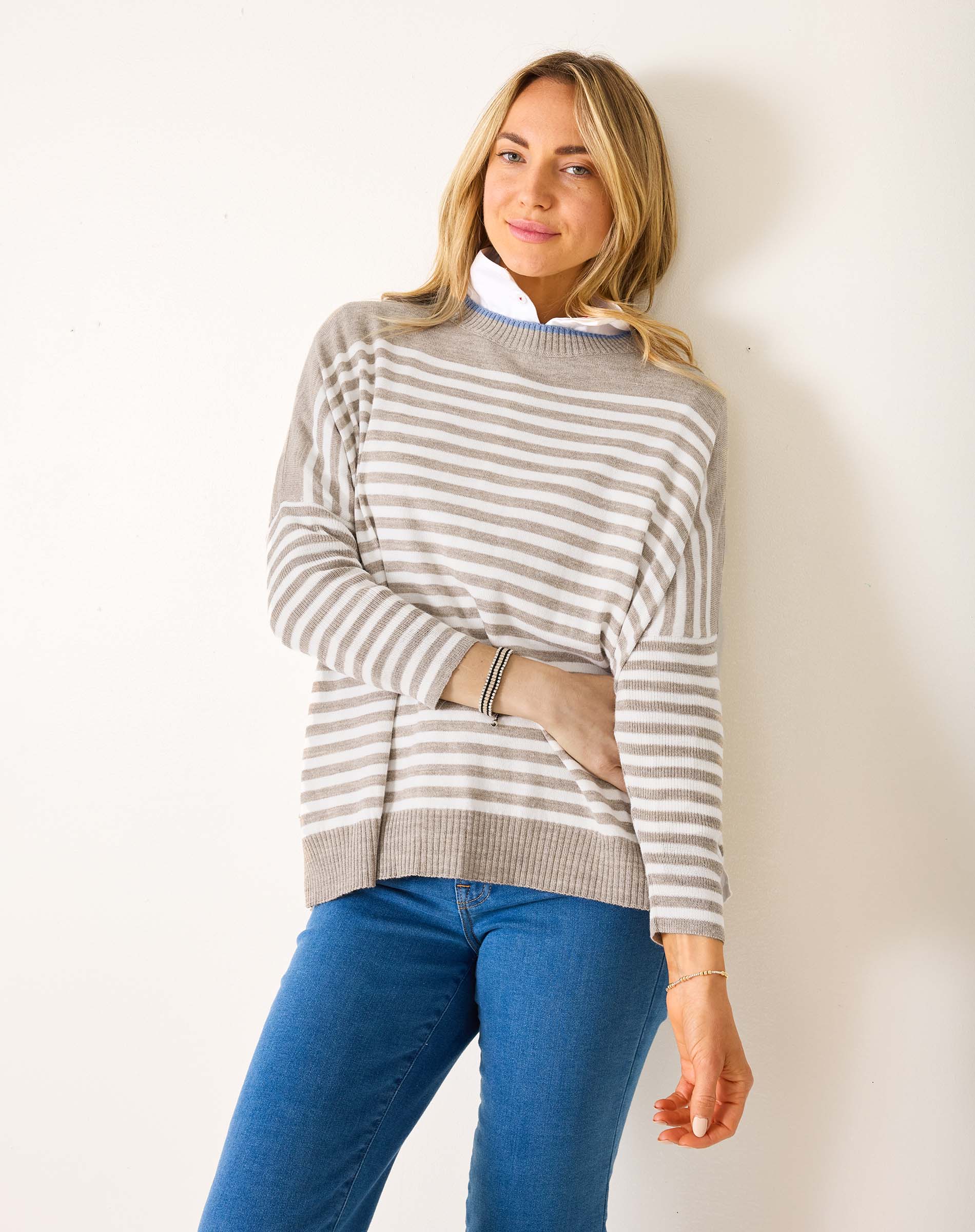 Women's Neutral Striped Mockneck Sweater