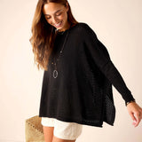 Woman wearing a black perforated sweater and white shorts, holding a woven bag.