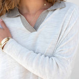 Women's White Brown Collared V-Neck Sweater One Size