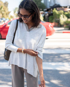 Women's White Brown Collared V-Neck Sweater One Size