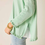 Person wearing a light green sweater with ruffled cuffs on a plain background
