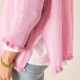 Pink cardigan over a white shirt with light blue jeans on a neutral background