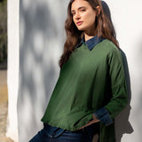 Fairway green ruffled tee with a collar and long sleeves