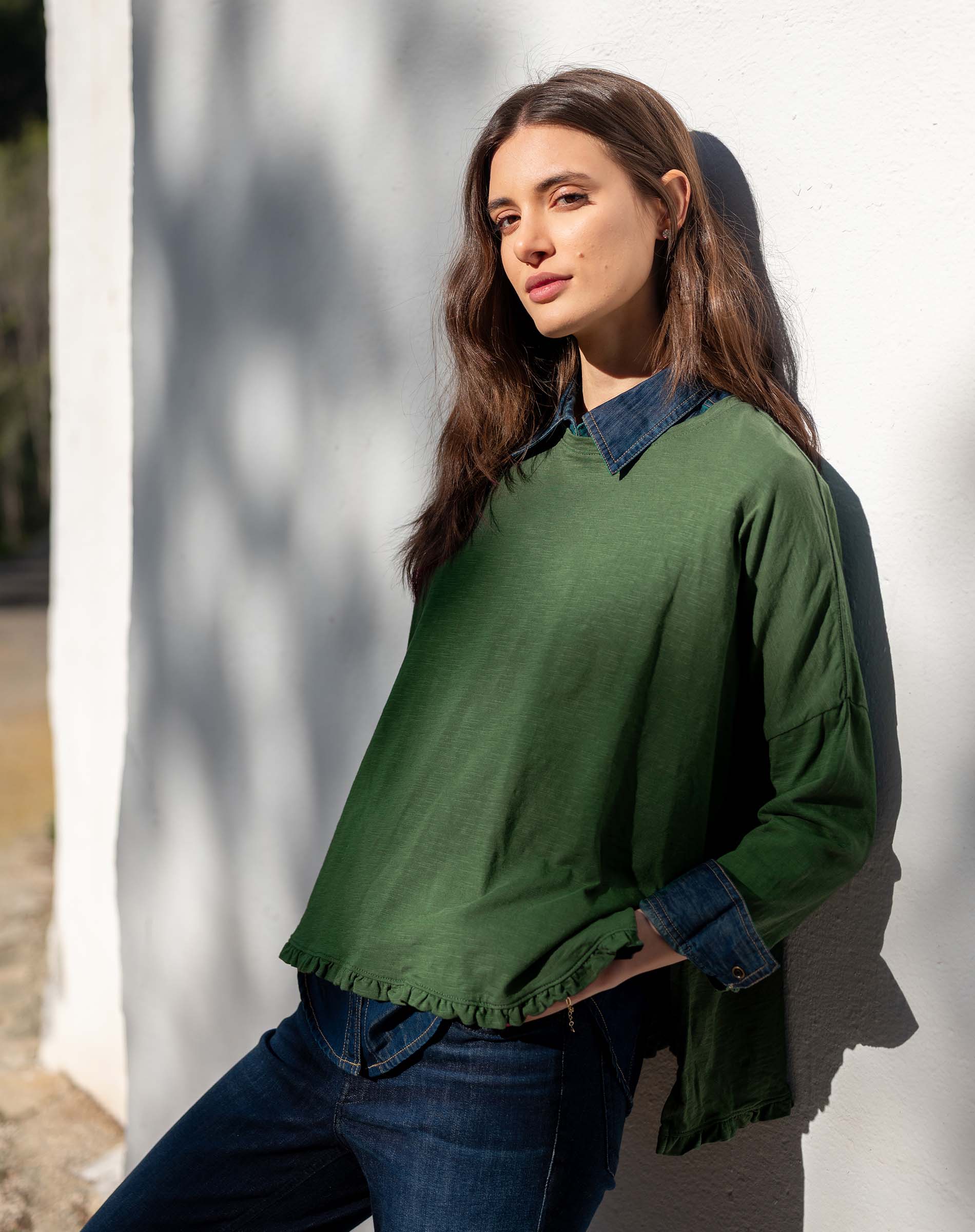 Fairway green ruffled tee with a collar and long sleeves
