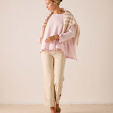 Rose quartz ruffled tee in soft knit fabric.