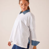 MERSEA women's travel-friendly white oversized tee with ruffle detail and denim collar accents