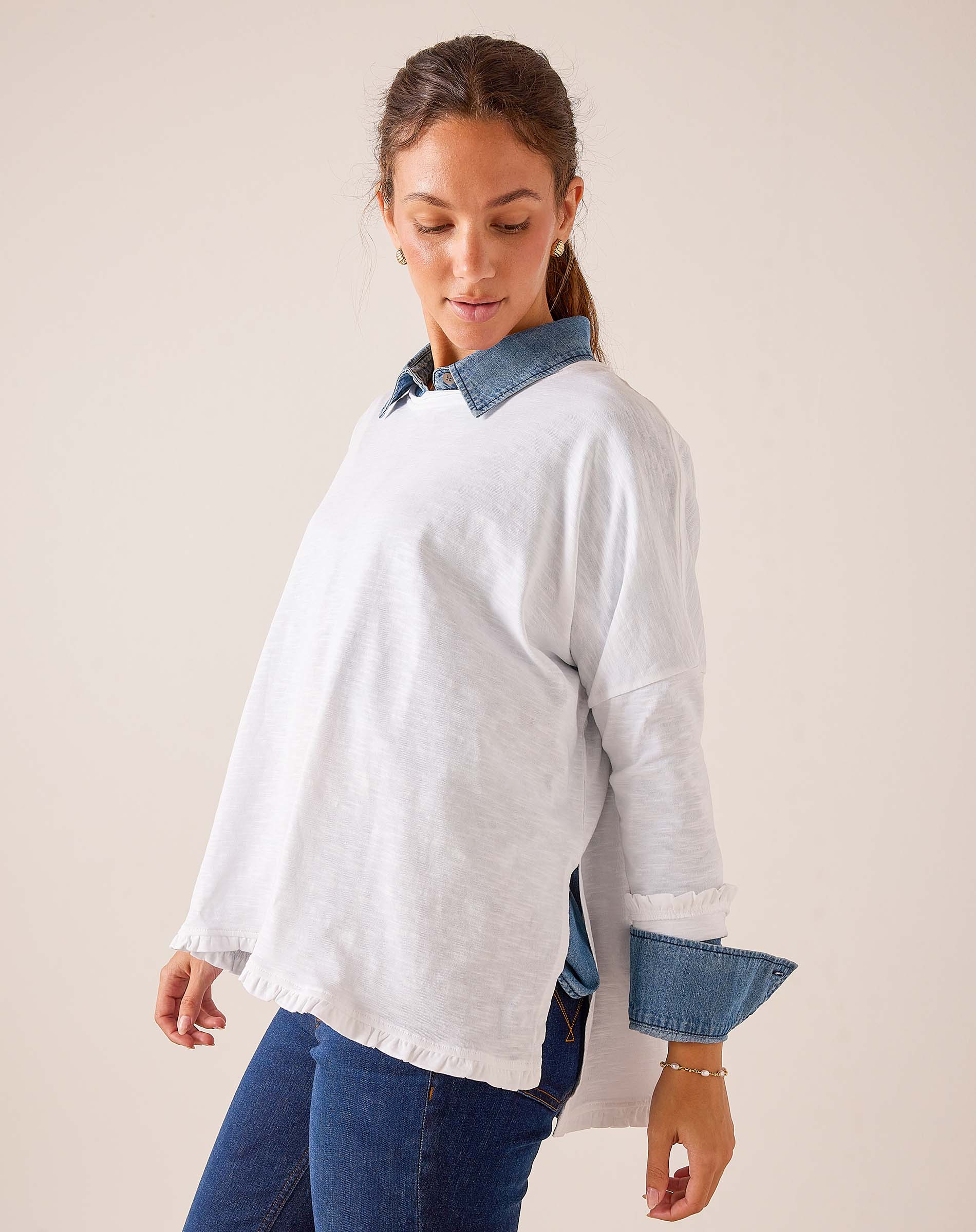 MERSEA women's travel-friendly white oversized tee with ruffle detail and denim collar accents