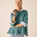 Aqua blue oversized tee with white contrast collar and cuffs in a soft linen blend.