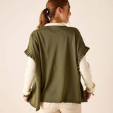 Back view of moss green short-sleeve ruffle sweater.