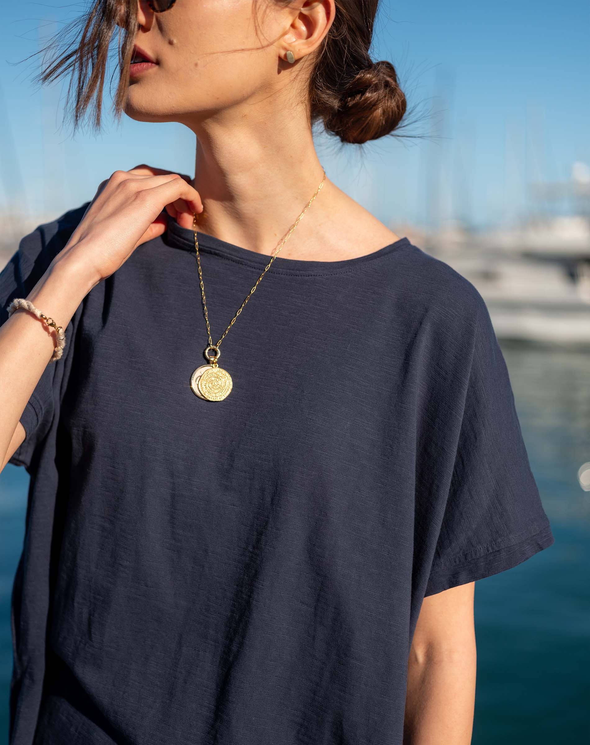Navy blue short-sleeve tee with a crew neck and relaxed fit.