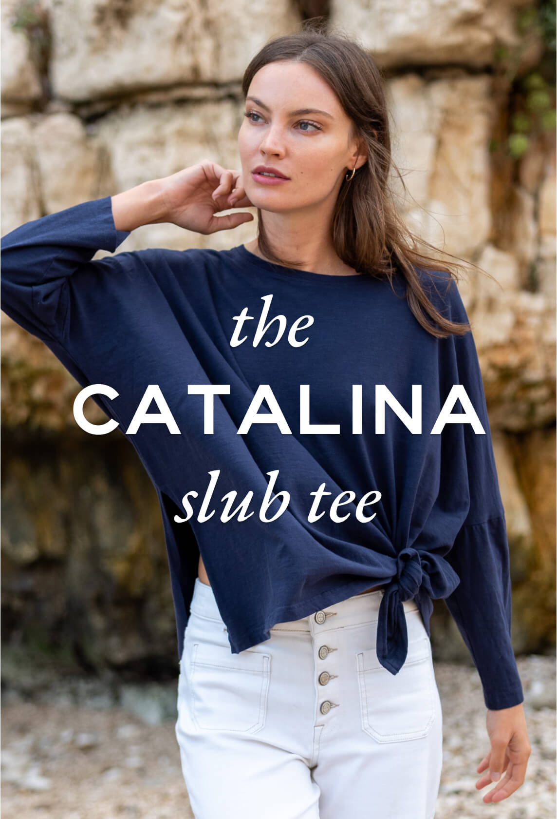 women wearing mersea catalina slub tee in blue