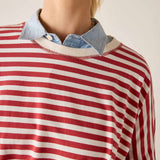 Red and white striped sweater with denim collar worn by a person on a plain background