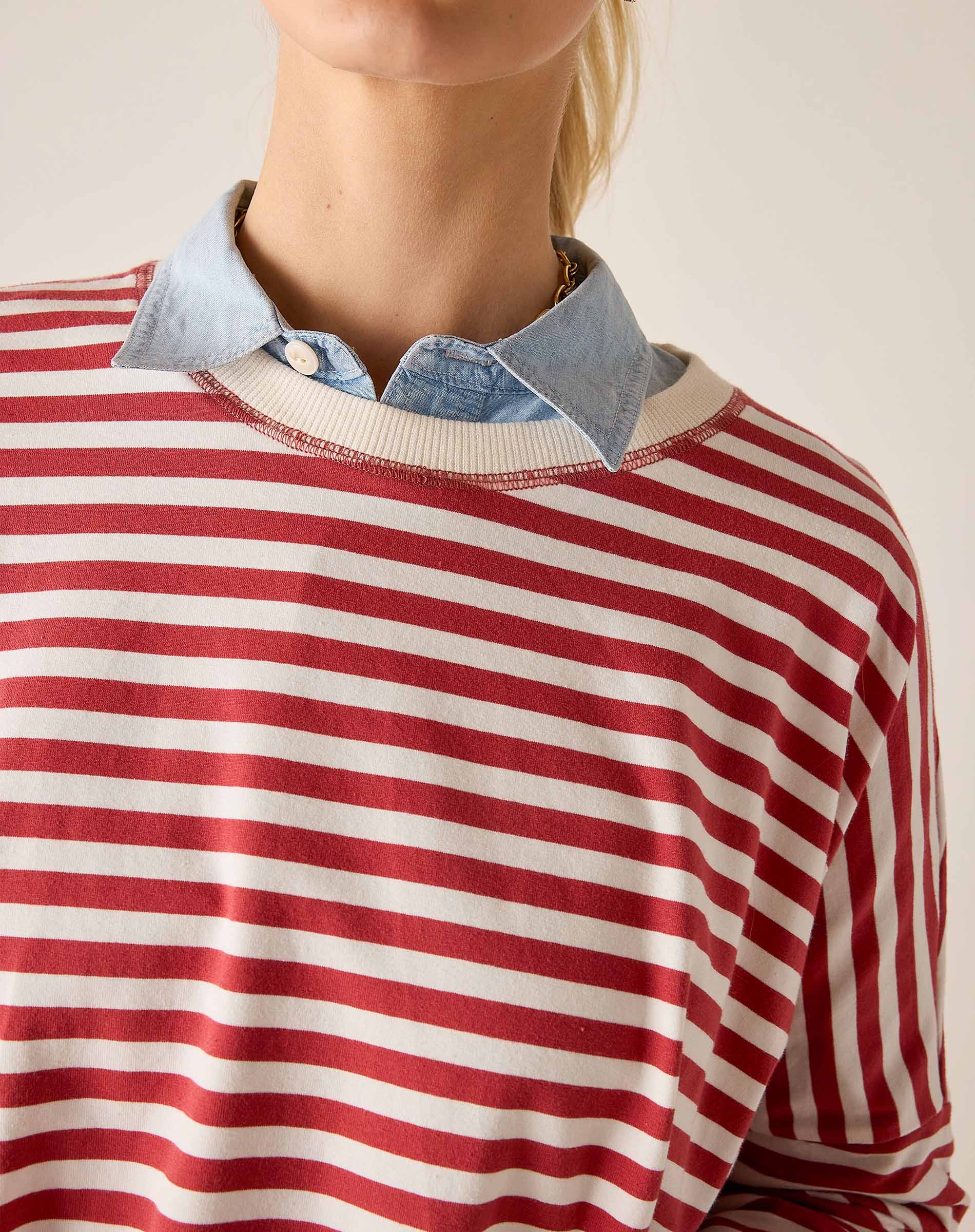 Red and white striped sweater with denim collar worn by a person on a plain background