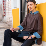 MERSEA ladies' travel-ready ladies' travel-ready espresso-colored slub tee with a denim collar and layered look.