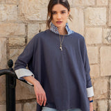 MERSEA women's travel-friendly indigo slub knit tee with wide sleeves and a striped inner collar detail.