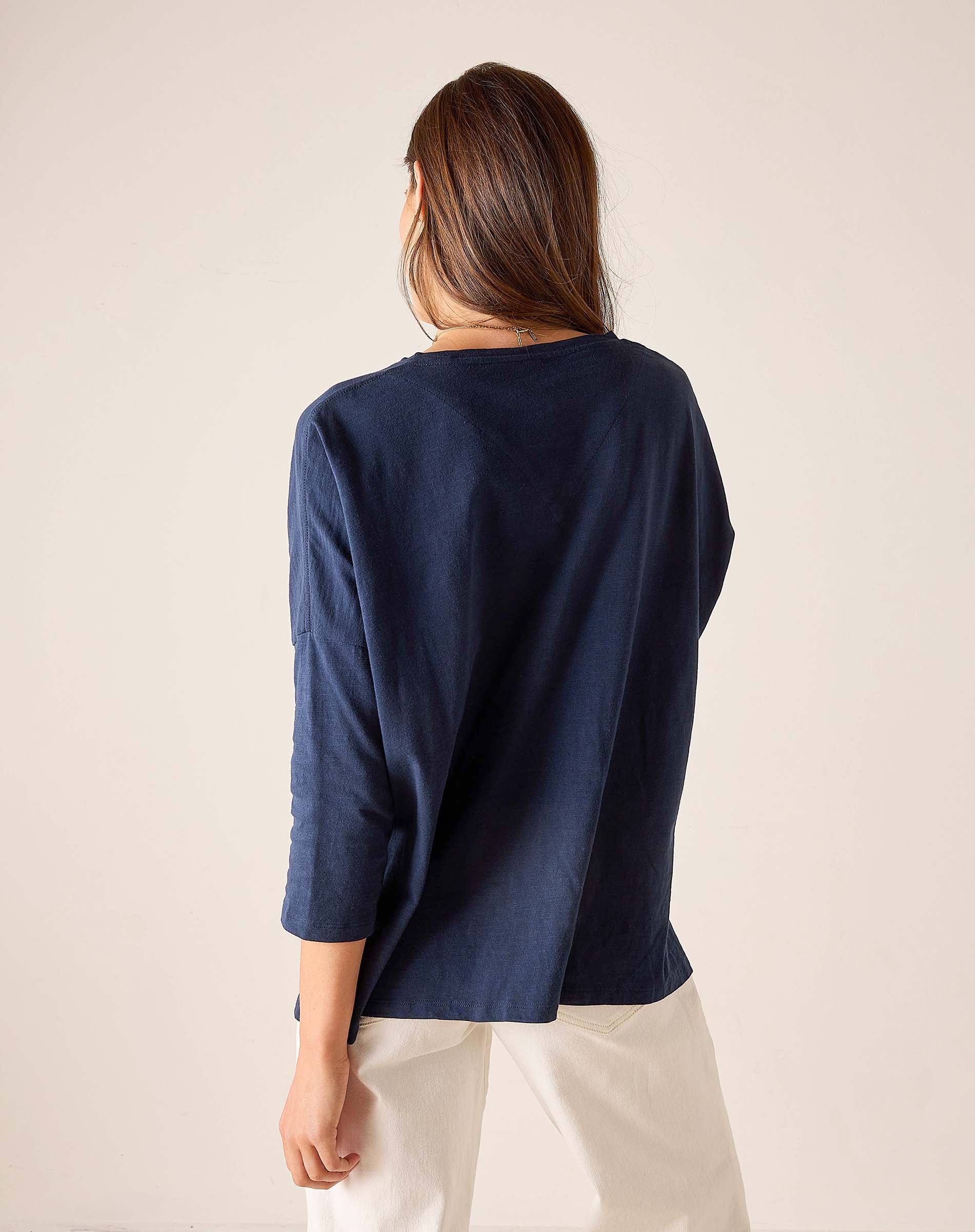 Person wearing a navy blue top and white pants on a beige background