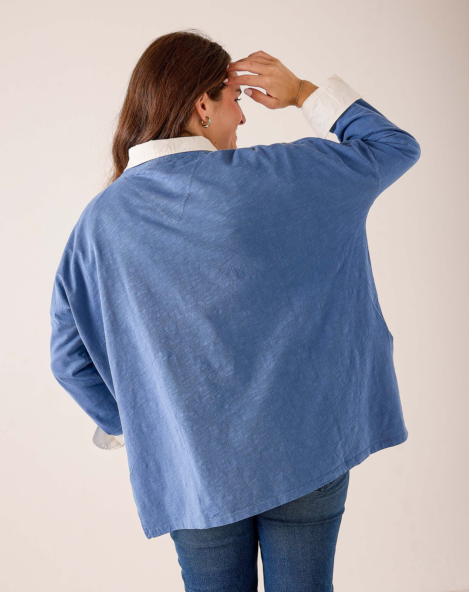 MERSEA women's travel-friendly indigo sunwashed oversized tee with drop shoulder and relaxed fit.
