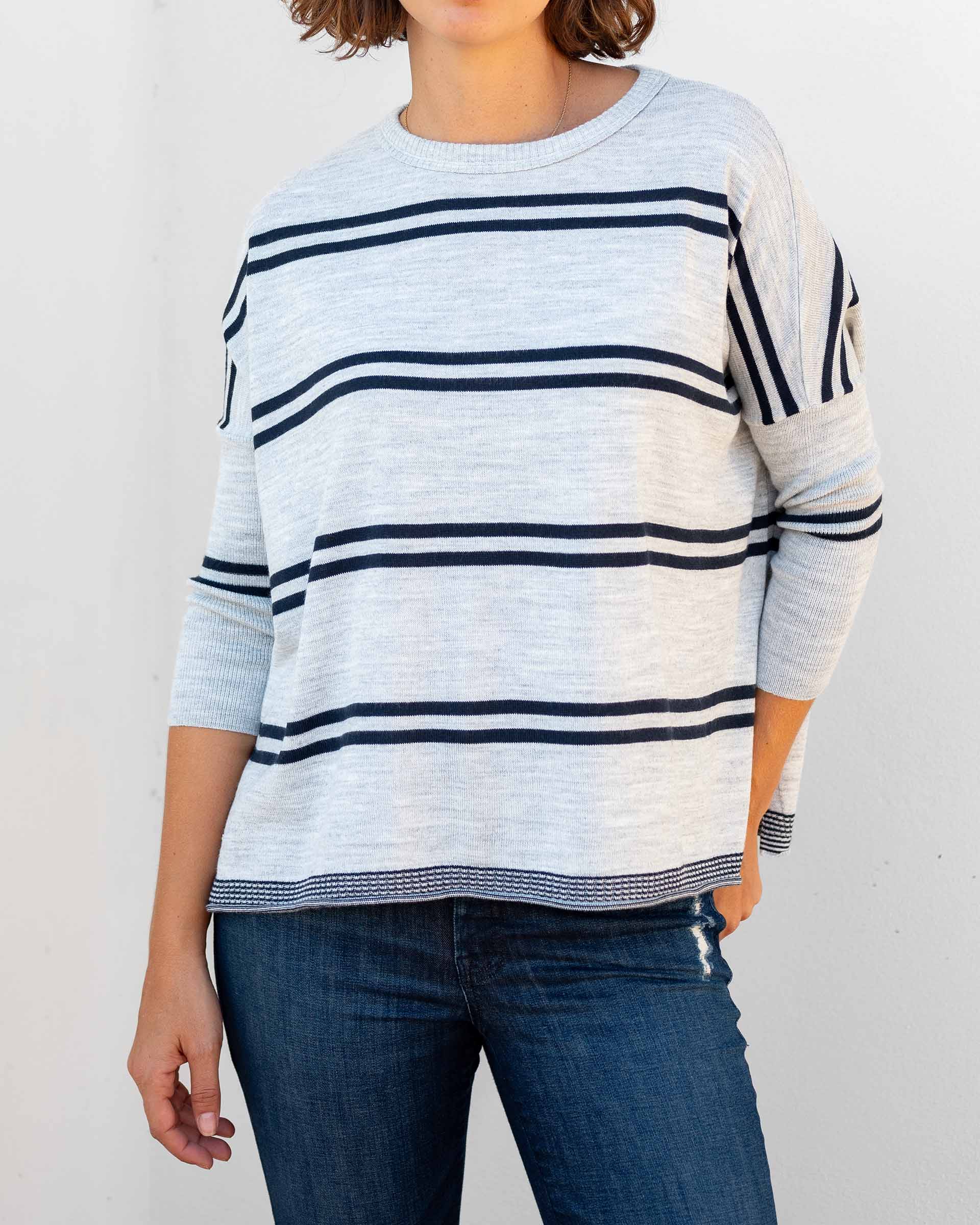 Women's Oversized Fall Sweater Grey Navy Stripes