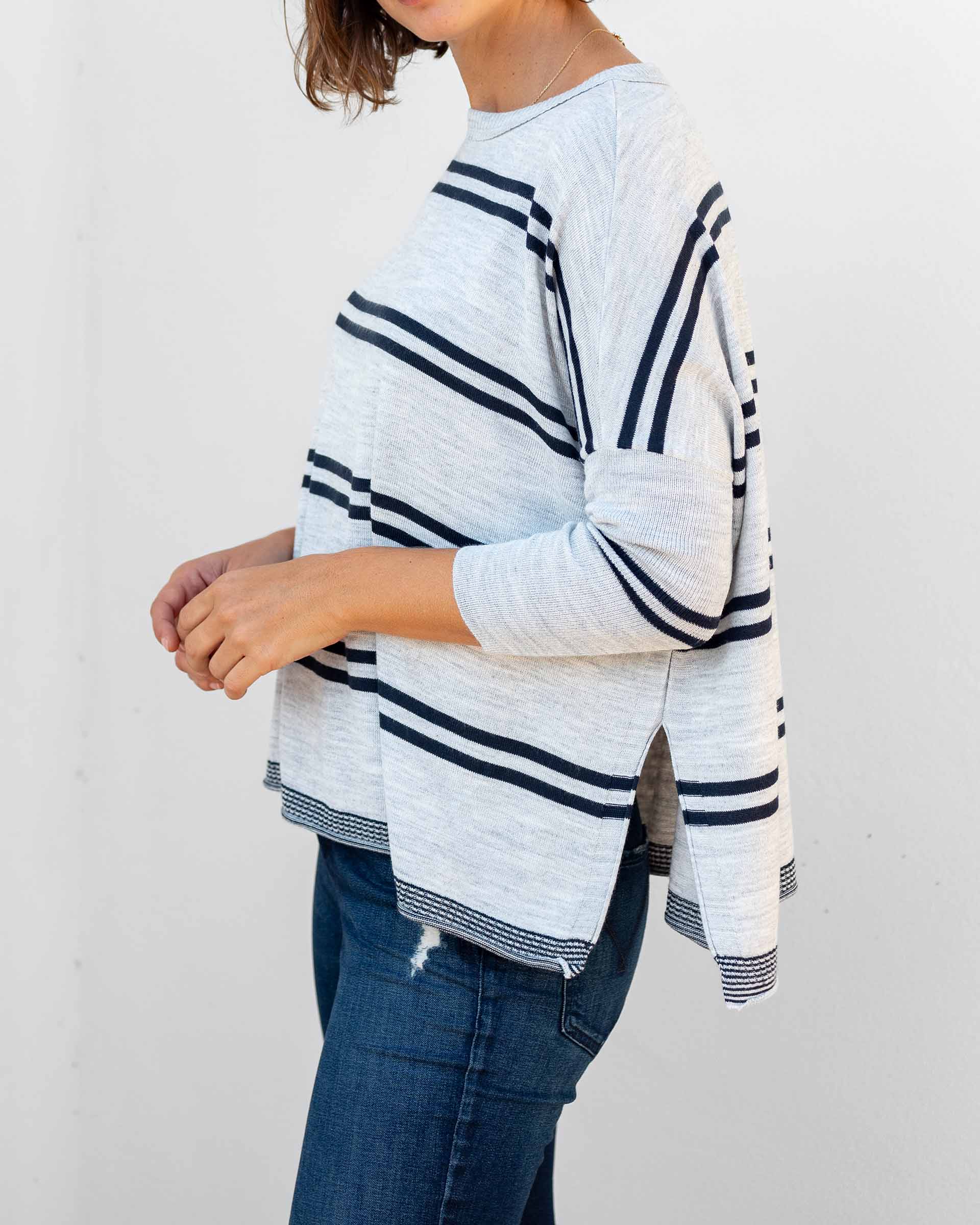 Women's Oversized Fall Sweater Grey Navy Stripes