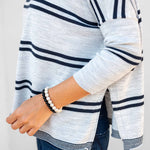 Women's Oversized Fall Sweater Grey Navy Stripes