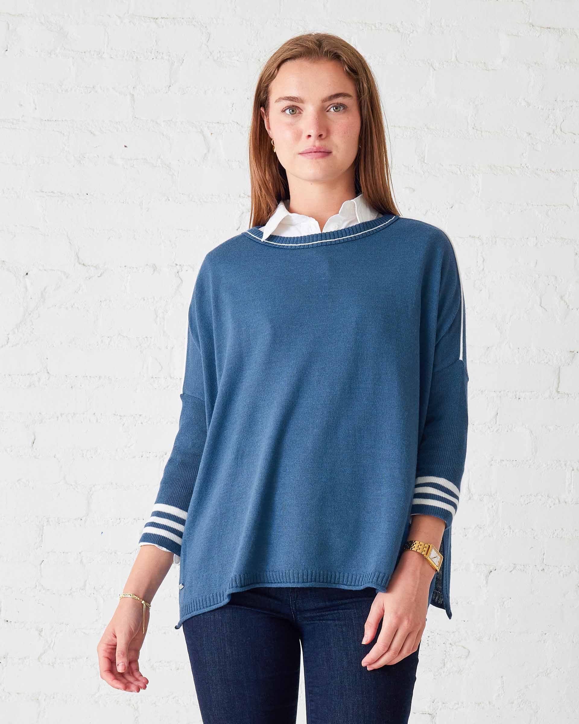 Women's Blue White Sporty Oversized Sweater