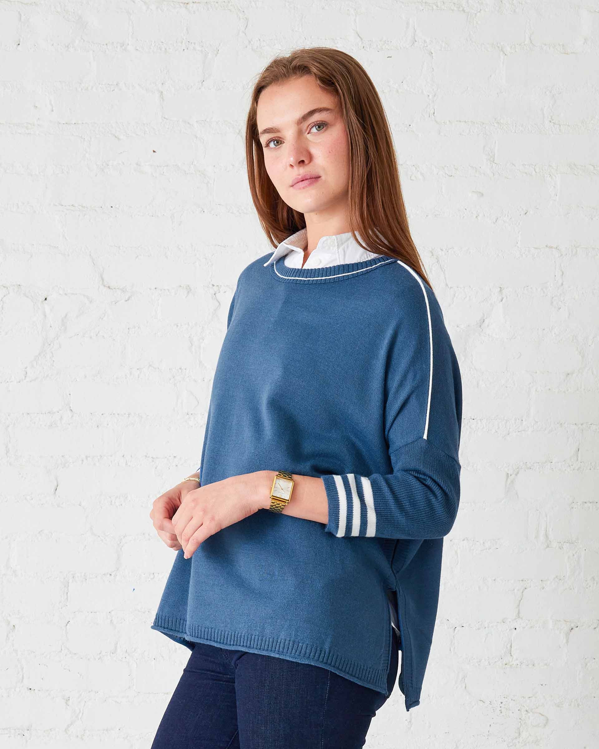 Women's Blue White Sporty Oversized Sweater