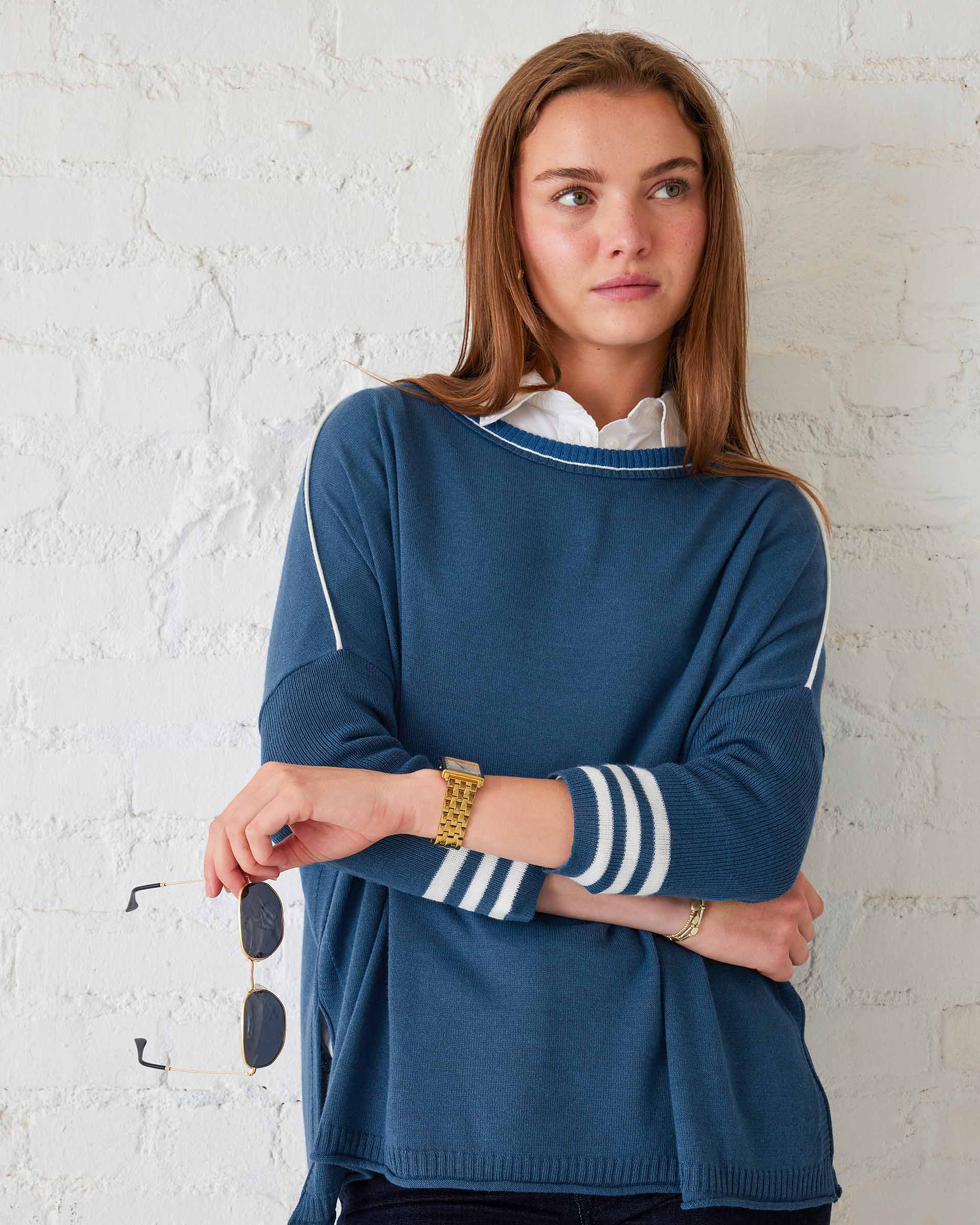 Women's Blue White Sporty Oversized Sweater