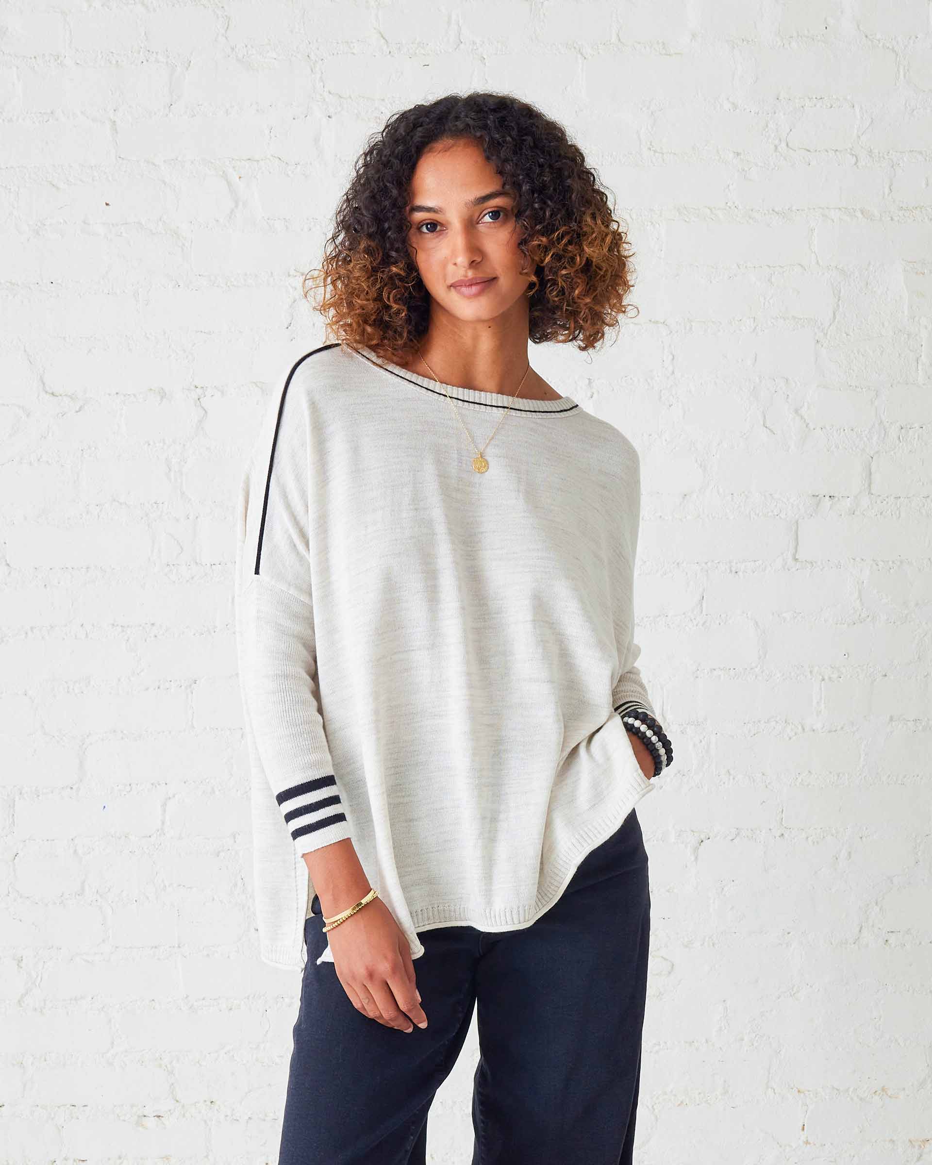 Women's White Black Sporty Oversized Sweater