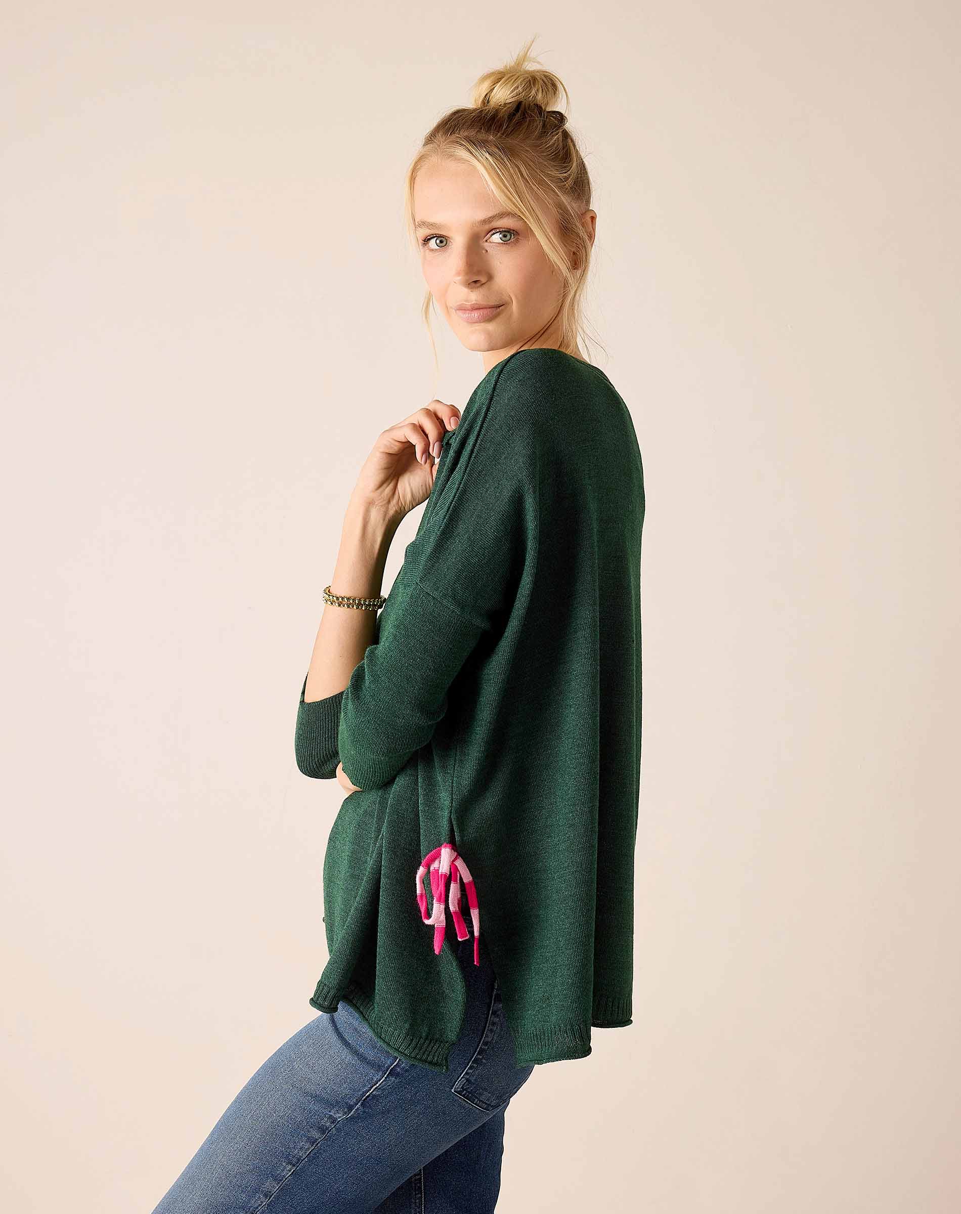 Ladies' travel-ready forest green relaxed-fit knit sweater with drawstring tie detail