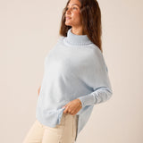 Sky blue relaxed-fit knit turtleneck sweater with ribbed cuffs and hem.