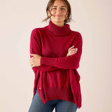 Wine colored oversized knit turtleneck sweater with ribbed detailing