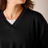 Black knit v-neck sweater with ribbed trim.