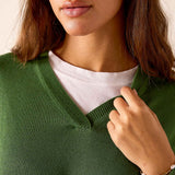 Ladies' travel-ready emerald green ribbed knit v-neck sweater.