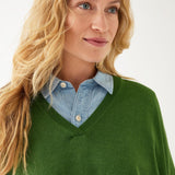 female wearing a green v neck sweater over a blue button shirt on white background