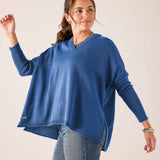 MERSEA women's travel-friendly ocean blue oversized V-neck knit sweater with a relaxed fit and draped silhouette.