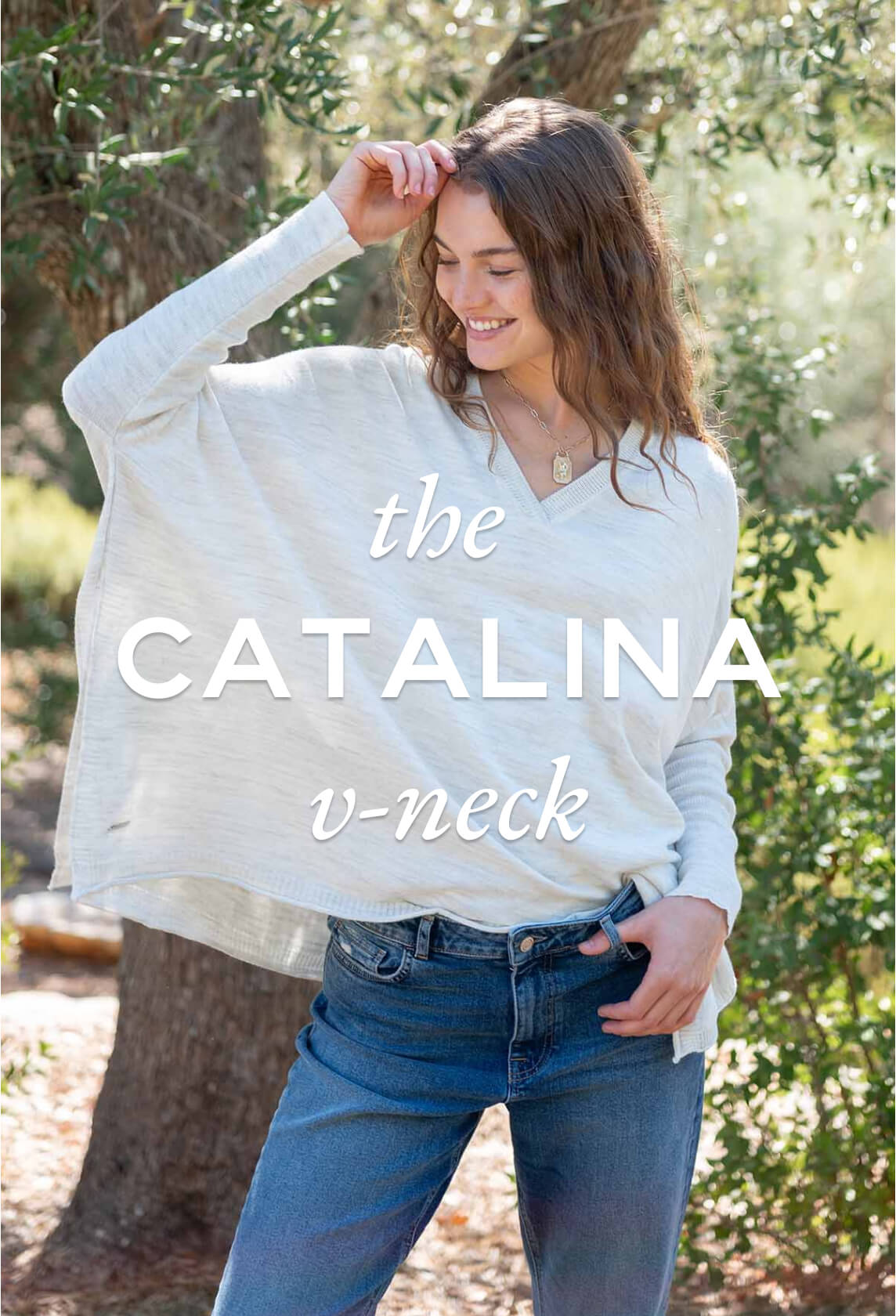 woman wearing mersea catalina vneck in light color