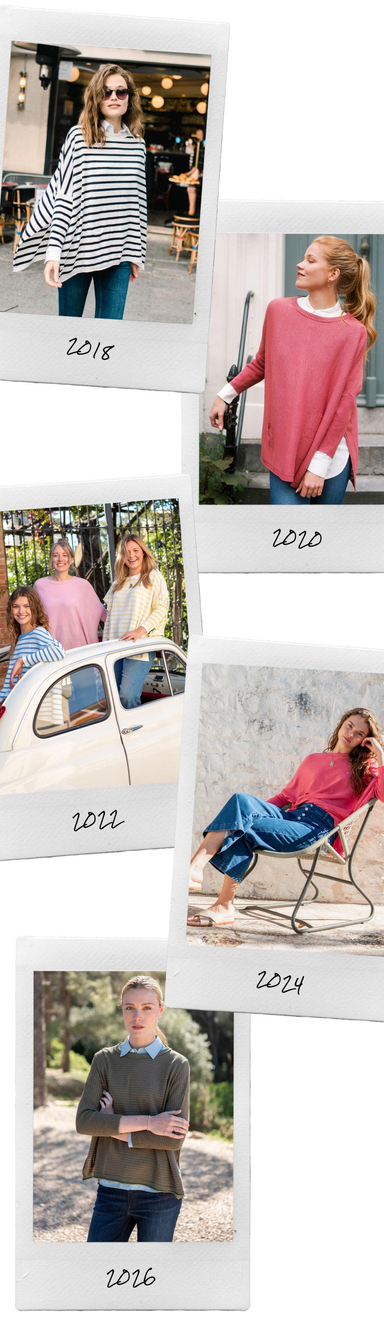A timeline of the MERSEA brand's growth and evolution from 2008 to 2024. The image features a collage of women in various travel-friendly outfits including a striped top, a long pink cardigan, an oversized white shirt, and a draped knit sweater. Each photo is accompanied by its corresponding year (2008, 2010, 2012, 2014, 2016). Text: 'catalina_timeline-heroes-page-banner-mobile-09-17-26'