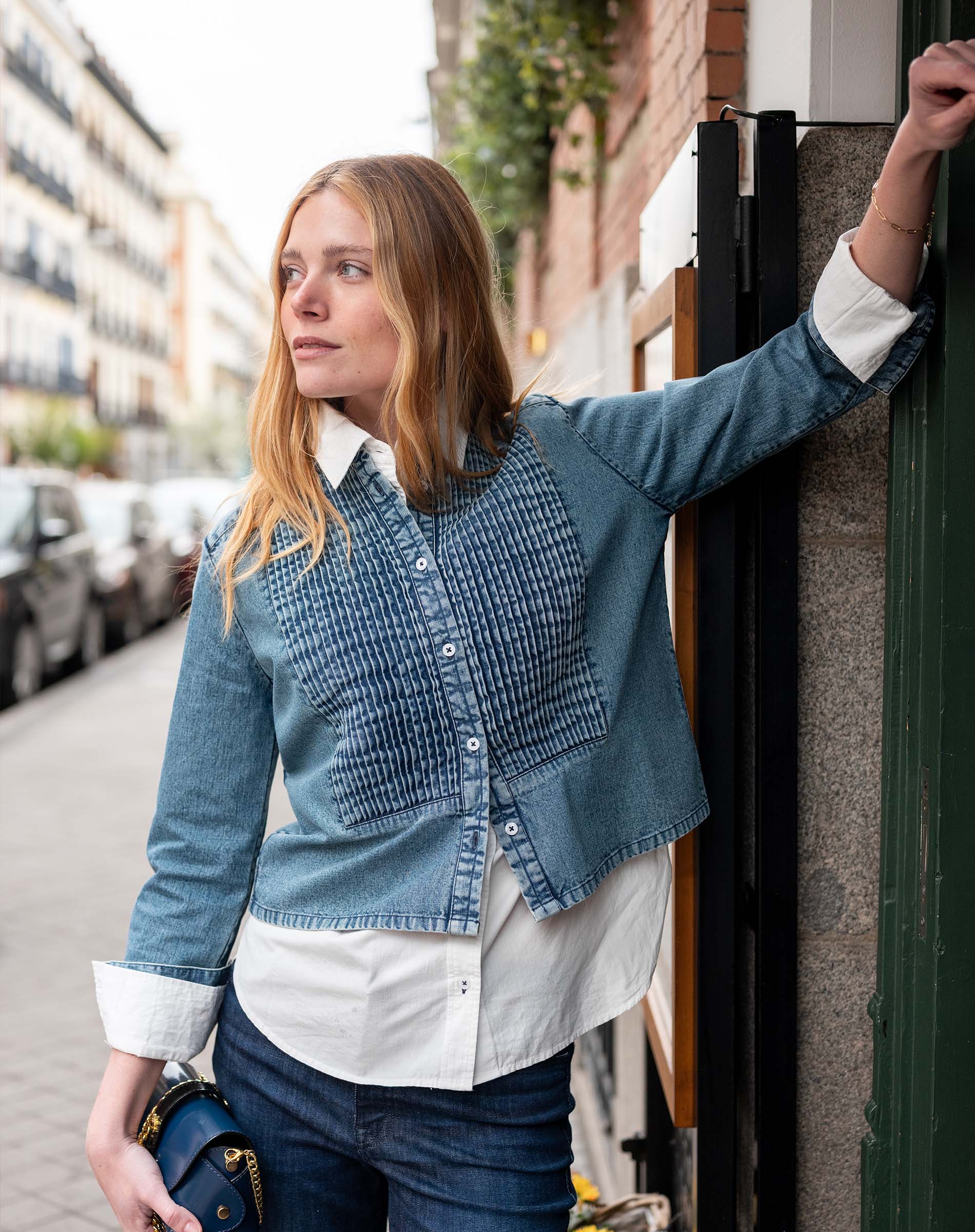 Stonewash chambray tuxedo shirt with textured front panels and white collar.