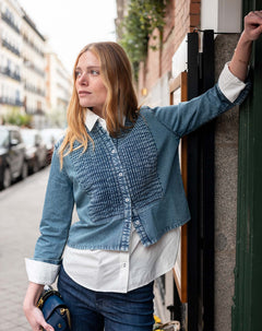 Stonewash chambray tuxedo shirt with textured front panels and white collar.