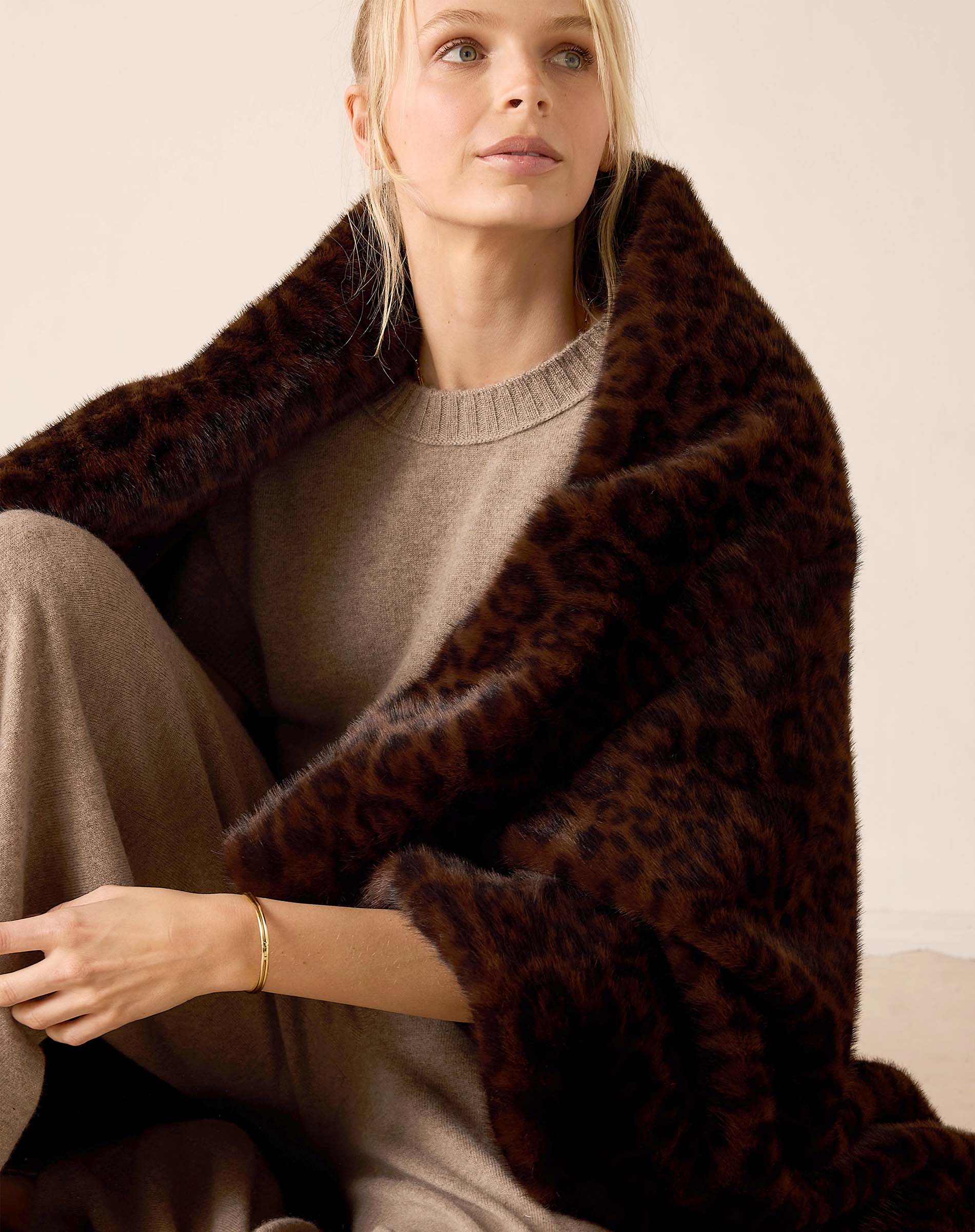 Brown leopard print faux fur blanket.