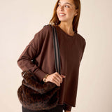 Ladies' travel-ready faux fur crossbody bag in leopard print and brown tones.