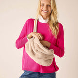 Oatmeal faux fur crossbody bag with a soft plush finish.