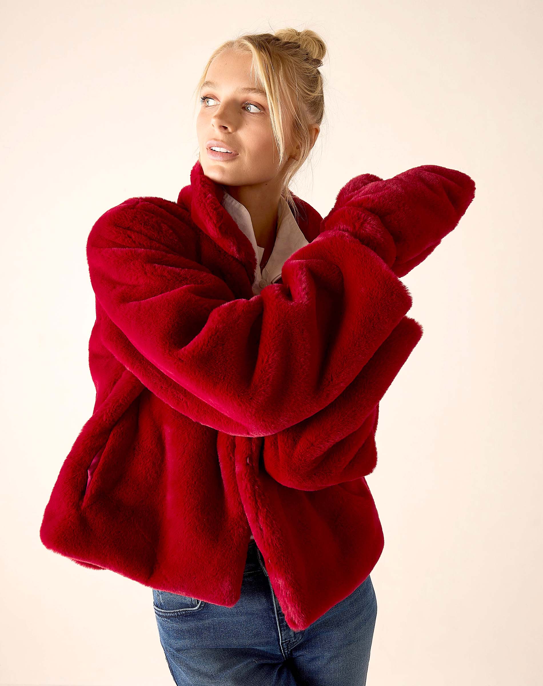 Garnet red faux fur coat
