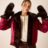 Leopard print faux fur mittens in chocolate brown.