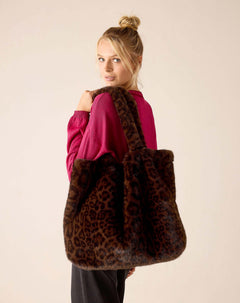 Leopard print faux fur tote bag.
