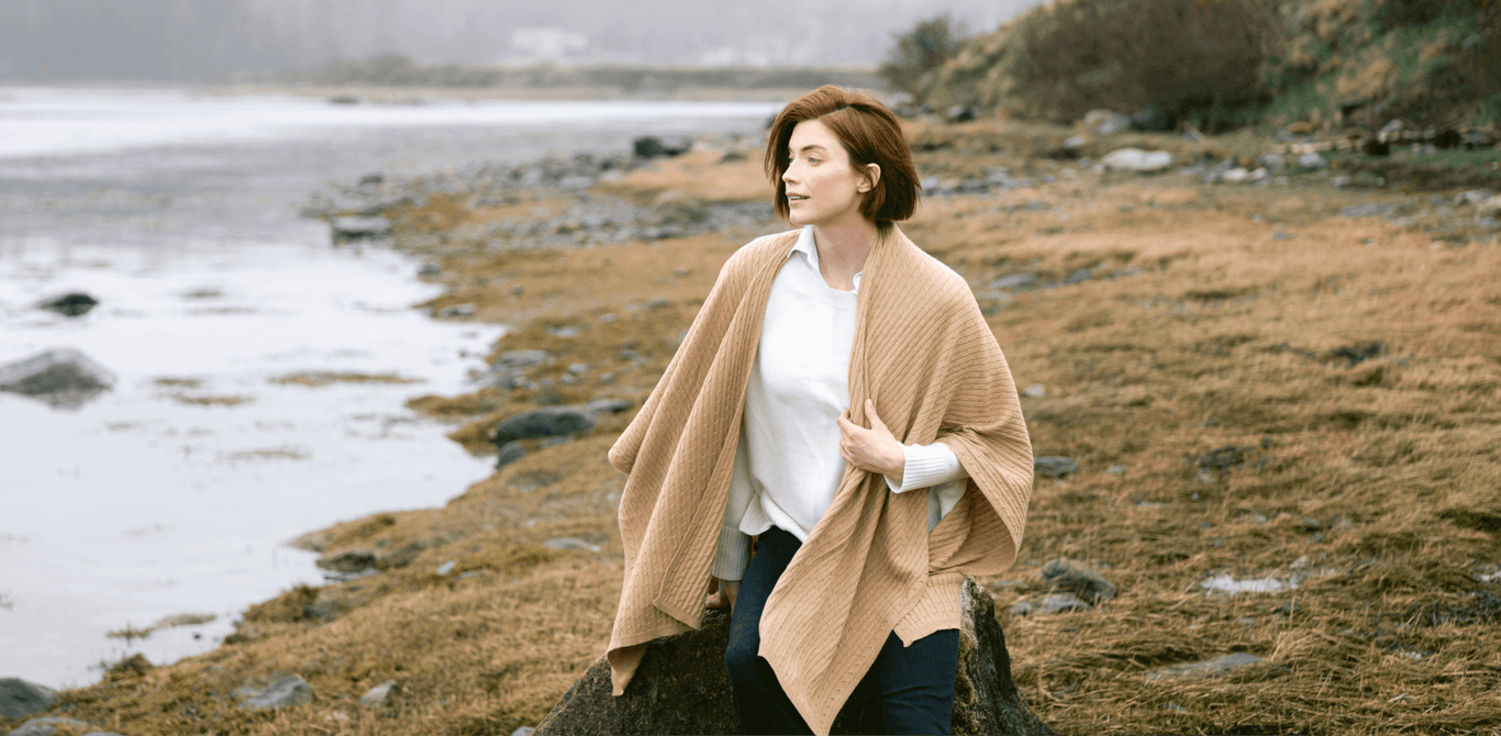 Charleston Cashmere cable wrap in camel