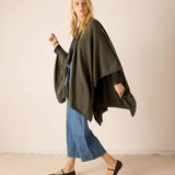 Olive green draped wrap in a soft knit fabric with open sides.