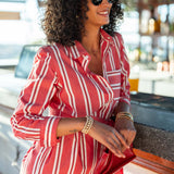 Women's Red Striped Button Down Dress